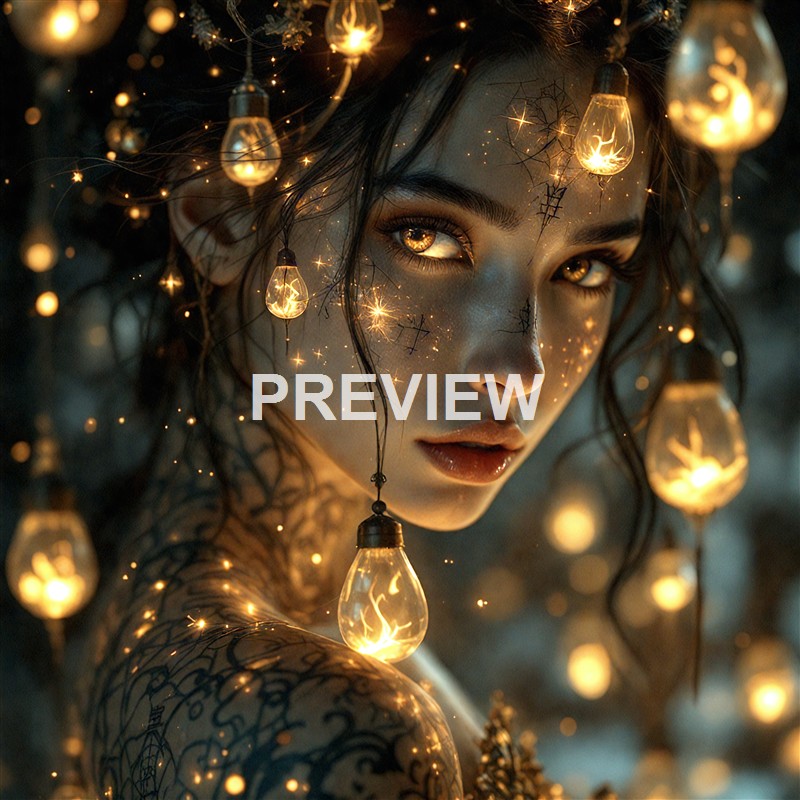 A close-up of a woman with dark, wavy hair illuminated by hanging light bulbs, with intricate tattoos on her shoulder and face, creating a mystical and glowing atmosphere.